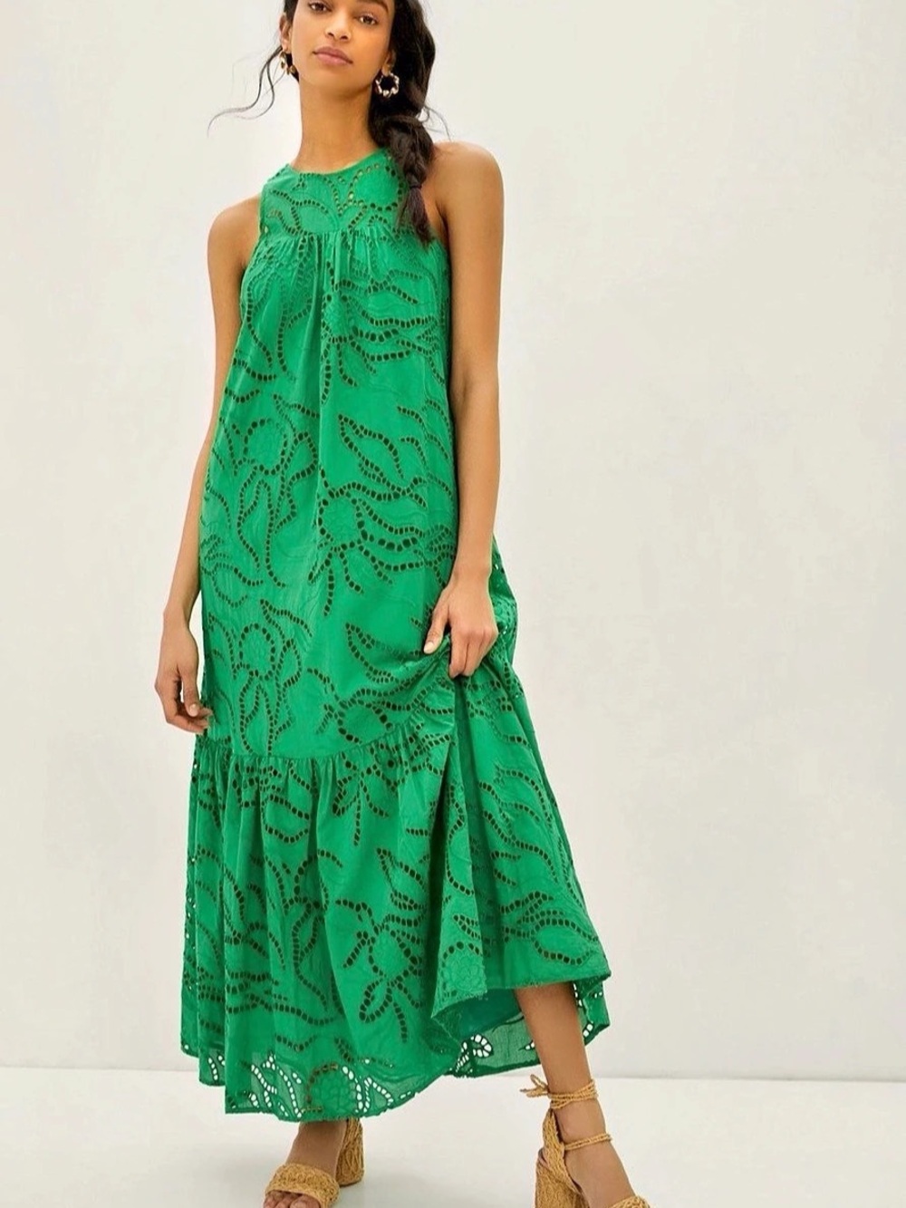 Anthropologie vibrant green Maeve Belrose Eyelet Maxi Dress size XS. EUC.